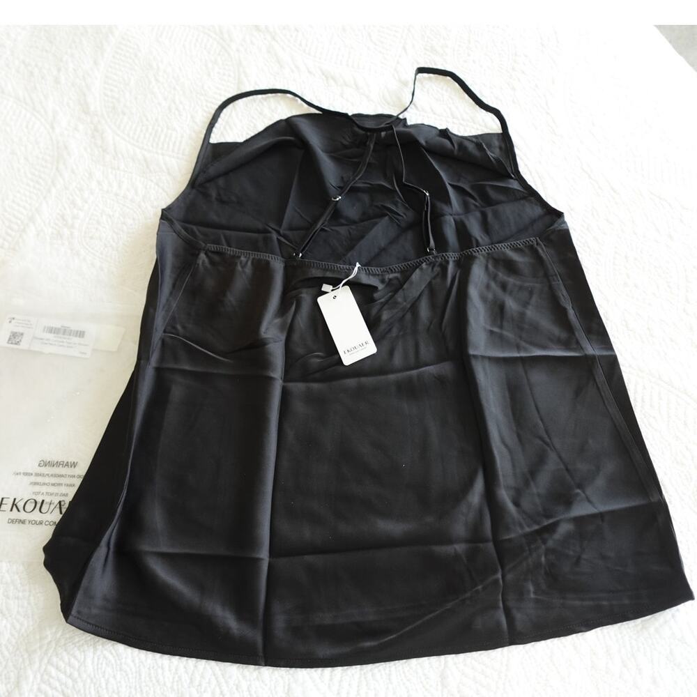 Ekouaer Silky Satiny black cowl neck cami top